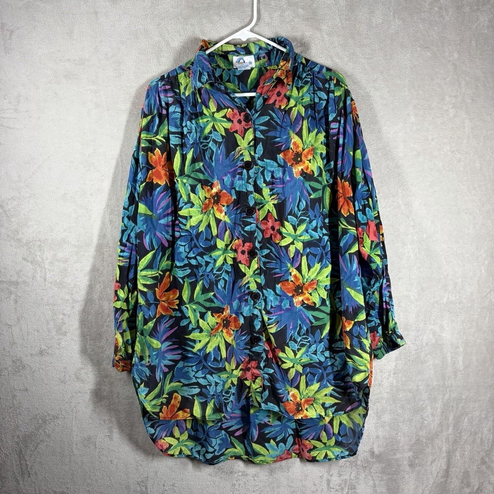 VTG Colorful Tropical Cotton Blouse Size L Vacation Swim Coverup Dopamine Travel